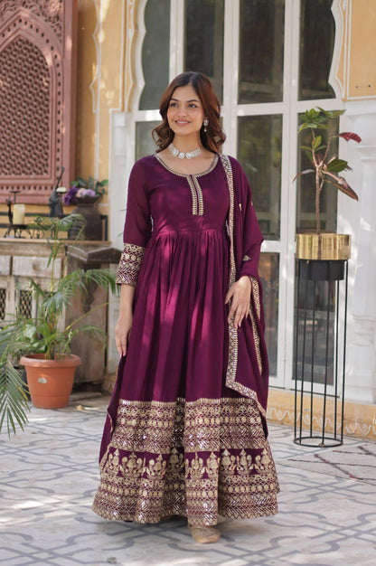 Shimmer Vichitra Embroidered Gown with Dupatta – Round Neck Edition