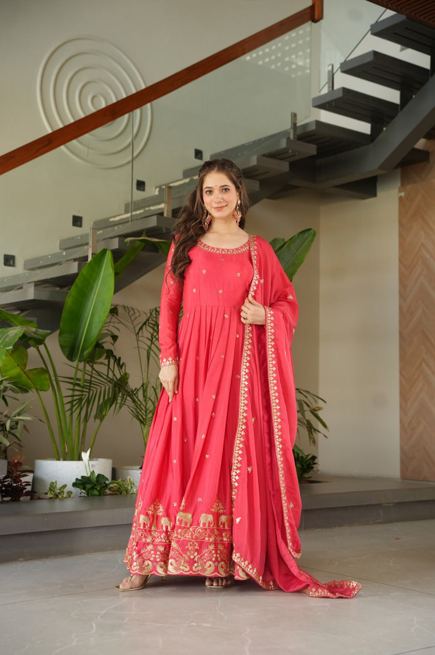 Premium Red Chinnon Embroidered Gown with Dupatta