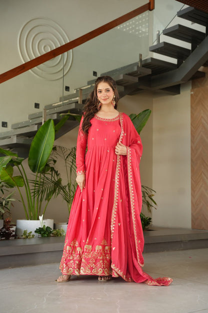 Premium Red Chinnon Embroidered Gown with Dupatta
