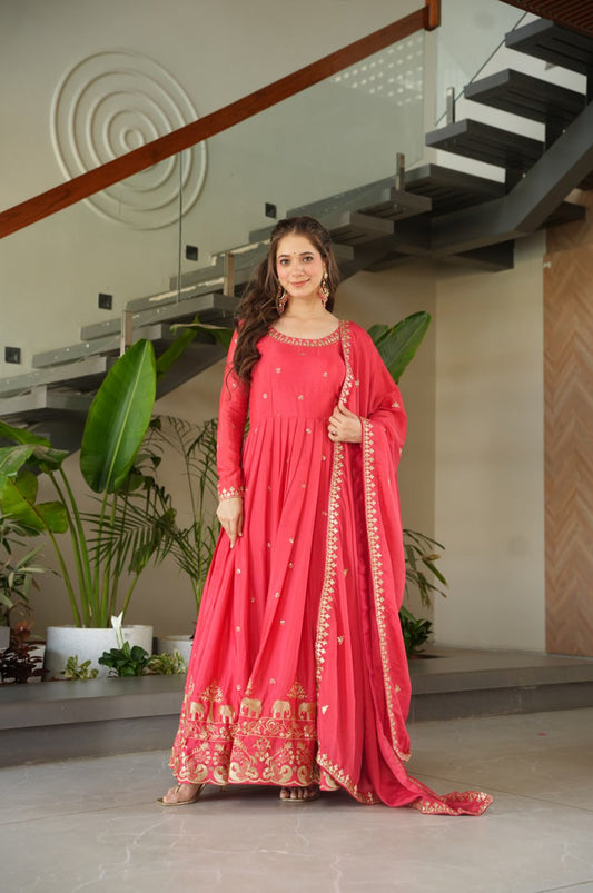 Premium Red Chinnon Embroidered Gown with Dupatta