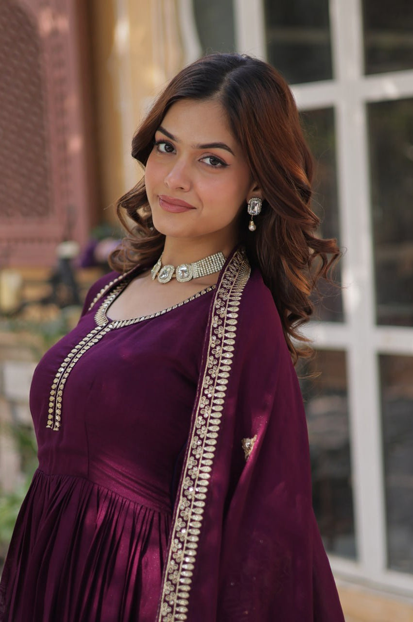 Shimmer Vichitra Embroidered Gown with Dupatta – Round Neck Edition