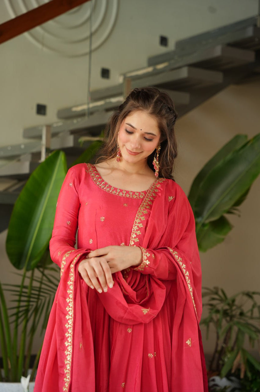 Premium Red Chinnon Embroidered Gown with Dupatta