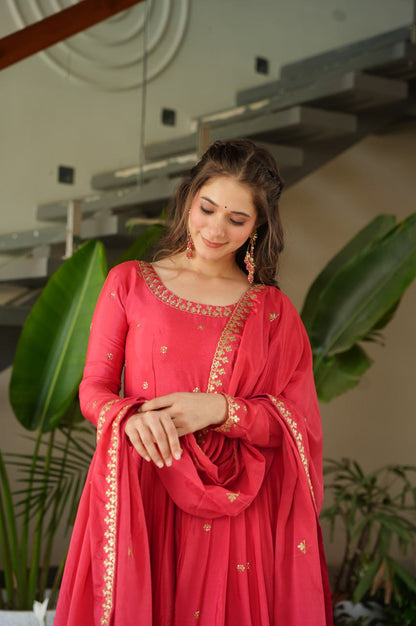Premium Red Chinnon Embroidered Gown with Dupatta
