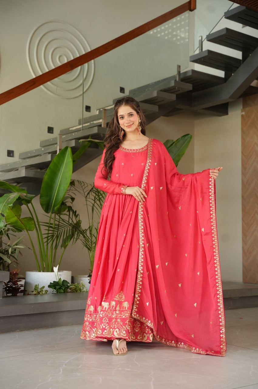 Premium Red Chinnon Embroidered Gown with Dupatta