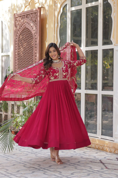 Premium Sequins Multi Embroidered Gown with Dupatta (Purple & Red)