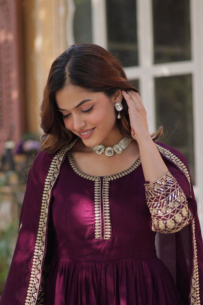 Shimmer Vichitra Embroidered Gown with Dupatta – Round Neck Edition