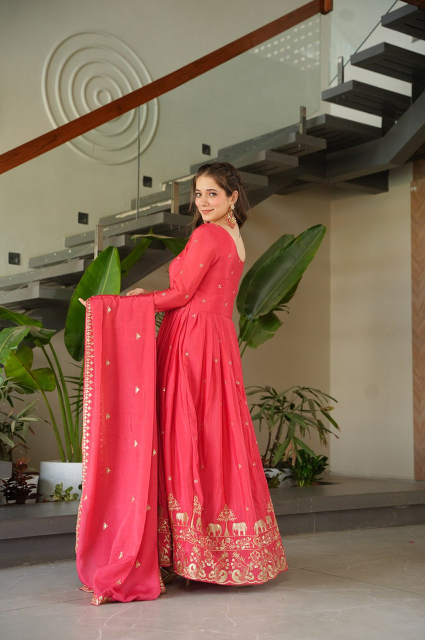 Premium Red Chinnon Embroidered Gown with Dupatta