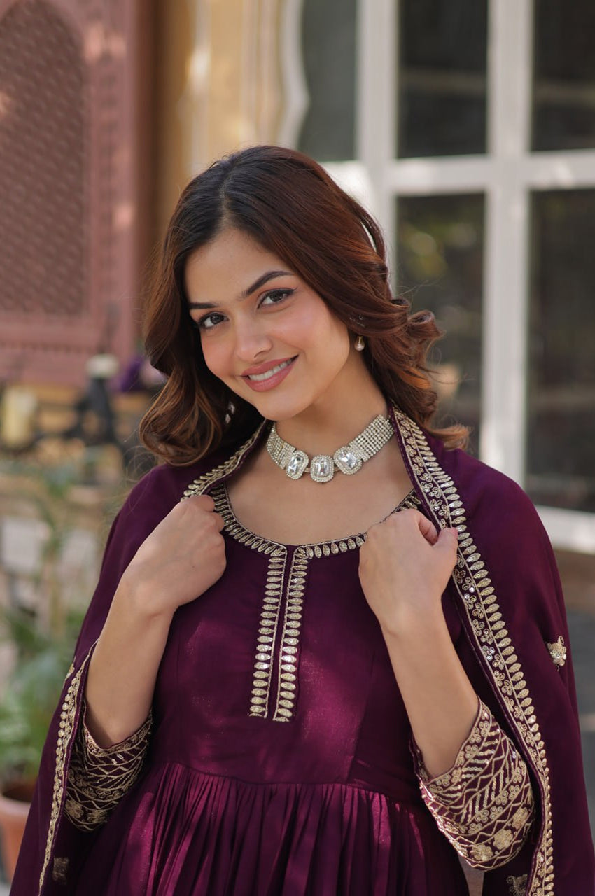 Shimmer Vichitra Embroidered Gown with Dupatta – Round Neck Edition