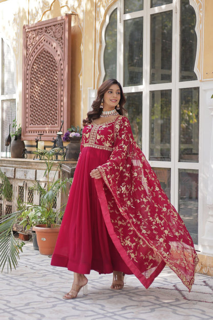 Premium Sequins Multi Embroidered Gown with Dupatta (Purple & Red)