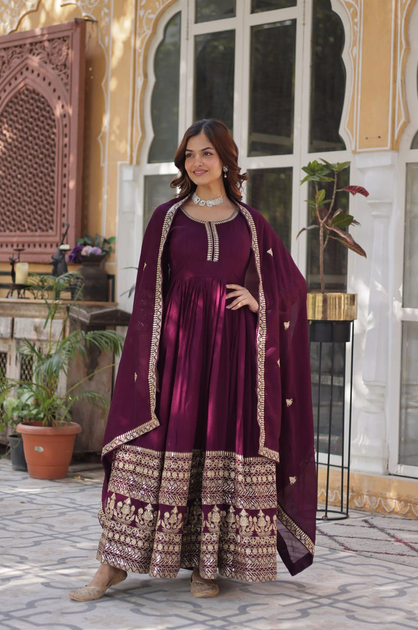 Shimmer Vichitra Embroidered Gown with Dupatta – Round Neck Edition