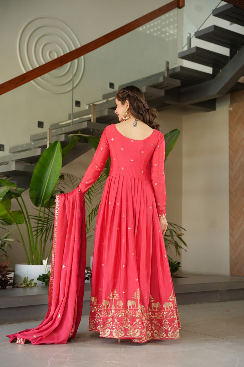 Premium Red Chinnon Embroidered Gown with Dupatta