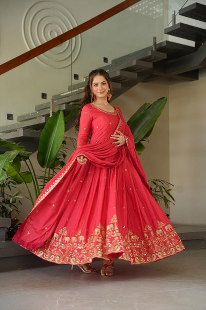 Premium Red Chinnon Embroidered Gown with Dupatta