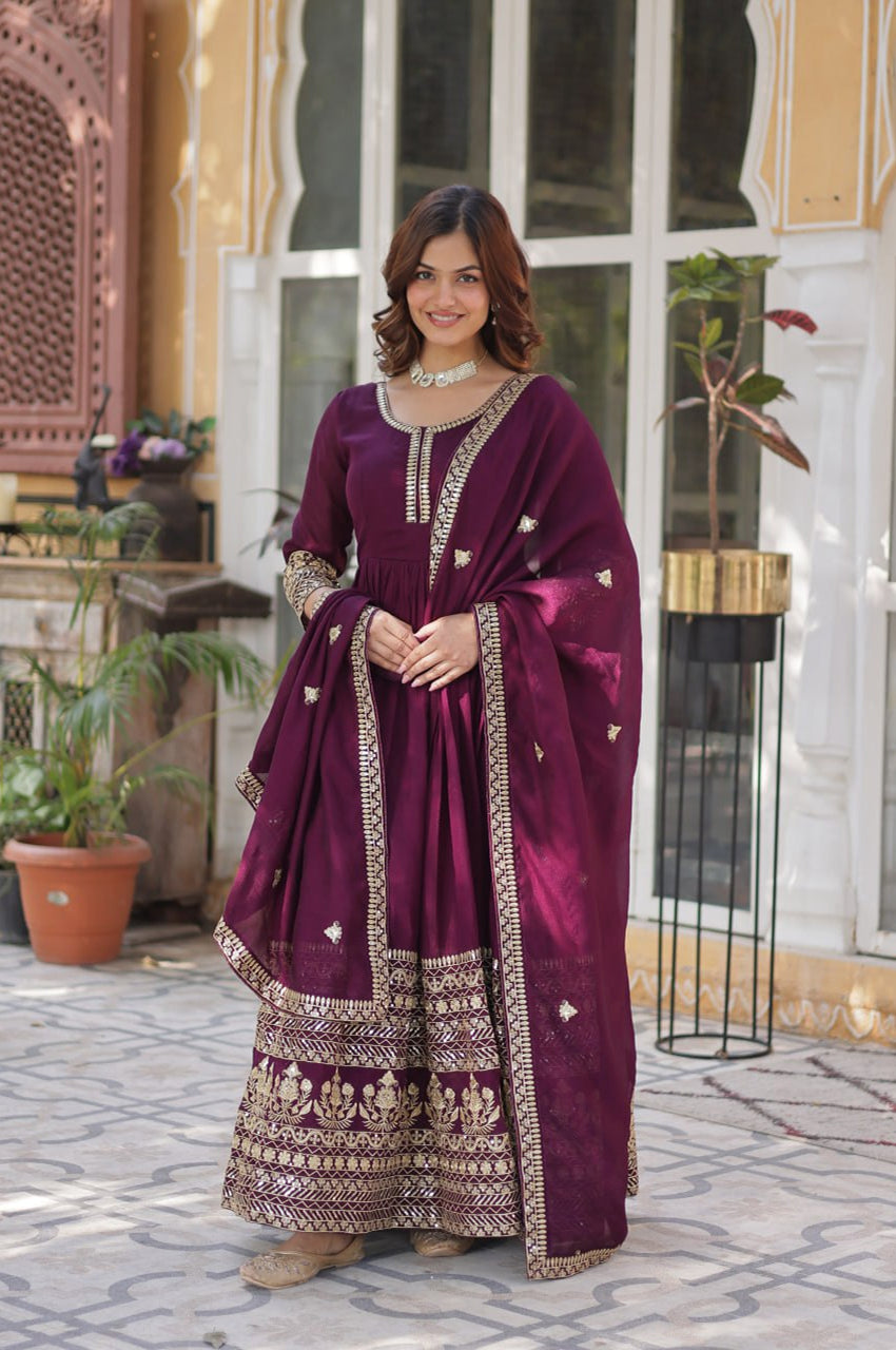 Shimmer Vichitra Embroidered Gown with Dupatta – Round Neck Edition