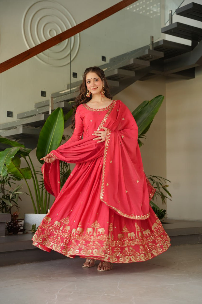 Premium Red Chinnon Embroidered Gown with Dupatta