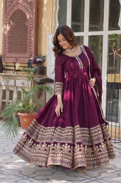 Shimmer Vichitra Embroidered Gown with Dupatta – Round Neck Edition