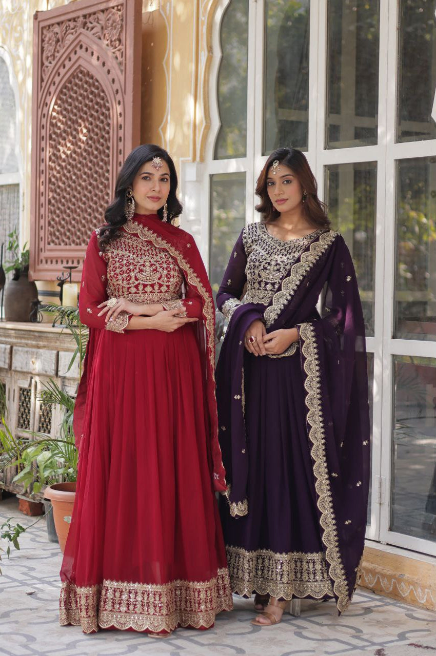 Red & Purple Embroidered Gown with Dupatta – Wear Designer Collection