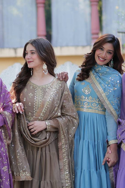 Premium Star Georgette Heavy Flair Gown with Embroidered Dupatta