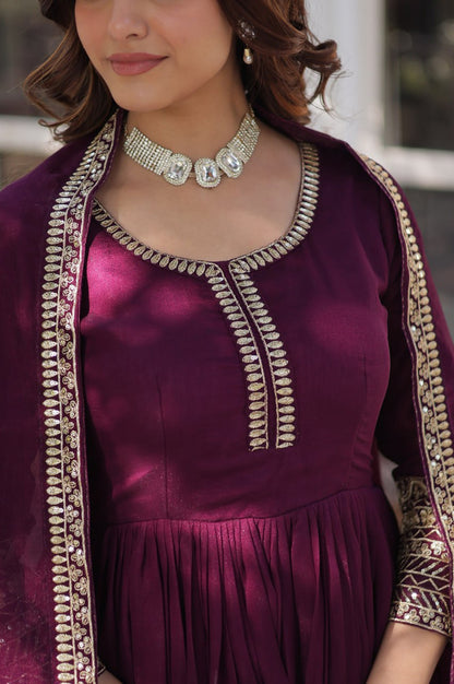 Shimmer Vichitra Embroidered Gown with Dupatta – Round Neck Edition