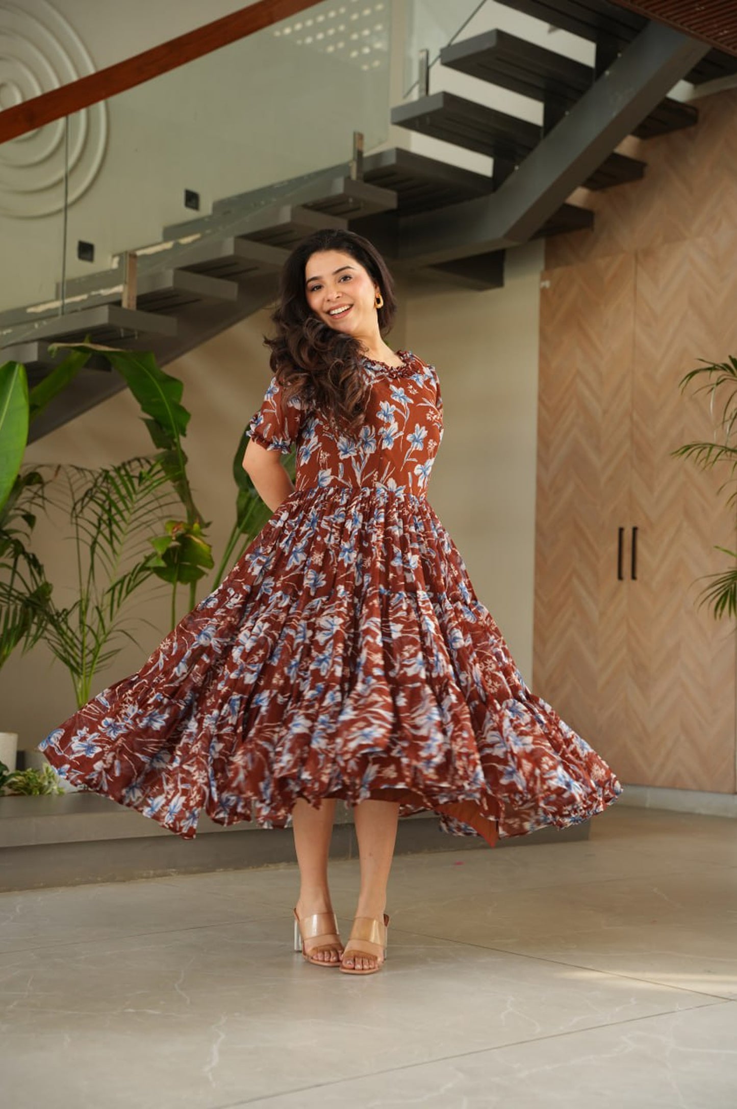 Premium Faux Georgette Printed Gown (Coffee Color)