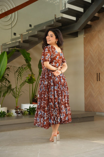 Premium Faux Georgette Printed Gown (Coffee Color)