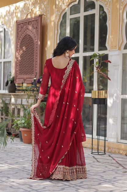 Red & Purple Embroidered Gown with Dupatta – Wear Designer Collection
