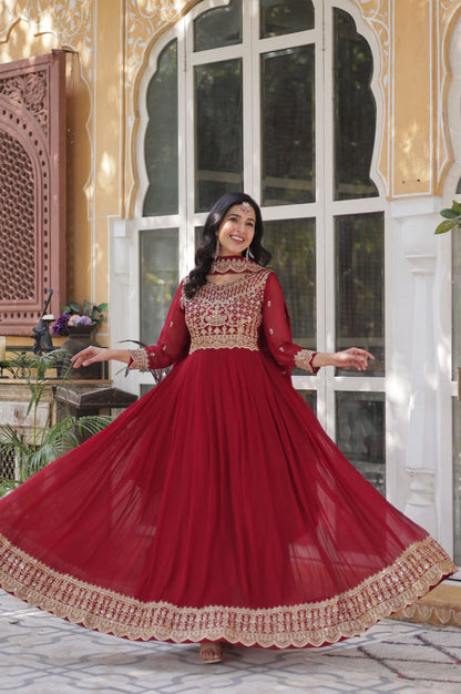 Red & Purple Embroidered Gown with Dupatta – Wear Designer Collection