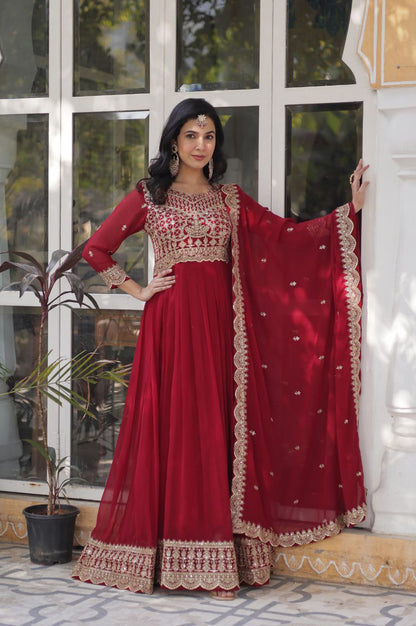 Red & Purple Embroidered Gown with Dupatta – Wear Designer Collection