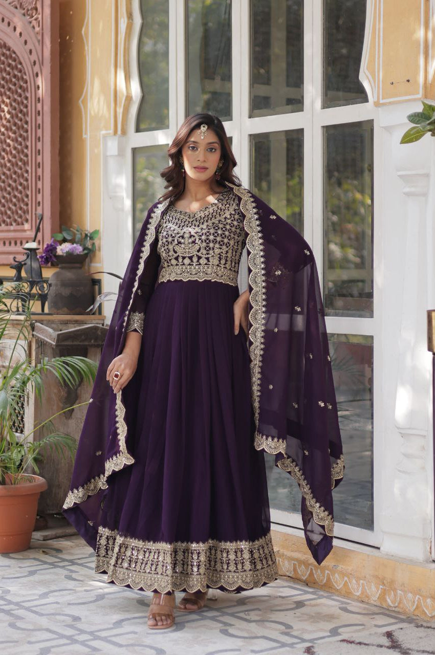 Red & Purple Embroidered Gown with Dupatta – Wear Designer Collection