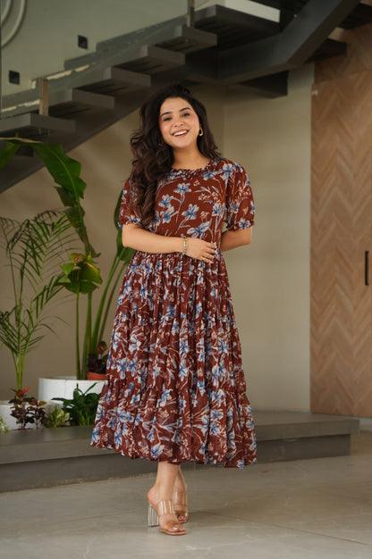 Premium Faux Georgette Printed Gown (Coffee Color)