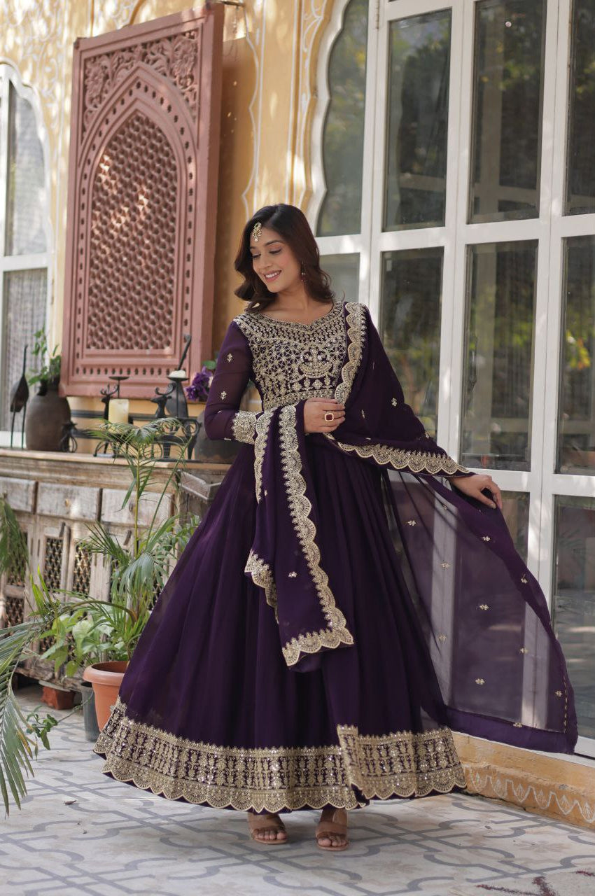 Red & Purple Embroidered Gown with Dupatta – Wear Designer Collection
