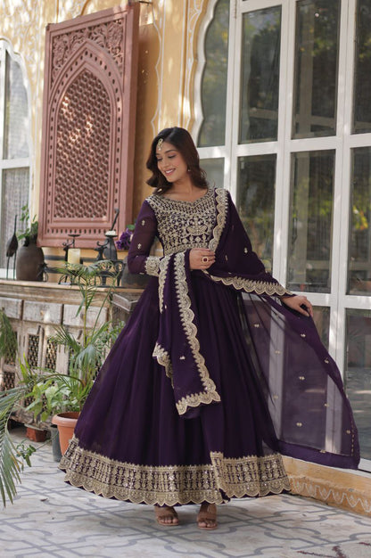 Red & Purple Embroidered Gown with Dupatta – Wear Designer Collection