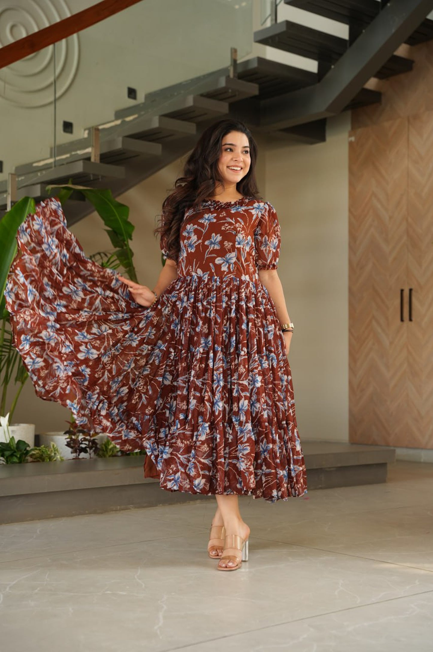 Premium Faux Georgette Printed Gown (Coffee Color)