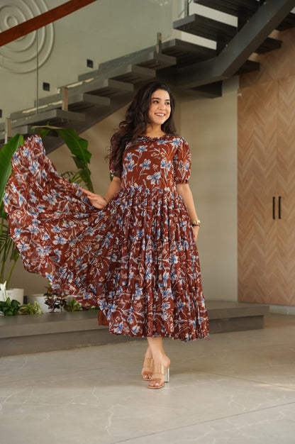 Premium Faux Georgette Printed Gown (Coffee Color)