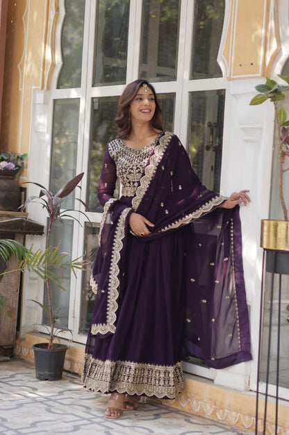 Red & Purple Embroidered Gown with Dupatta – Wear Designer Collection