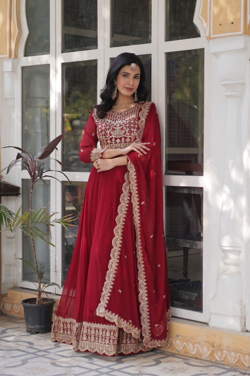Red & Purple Embroidered Gown with Dupatta – Wear Designer Collection