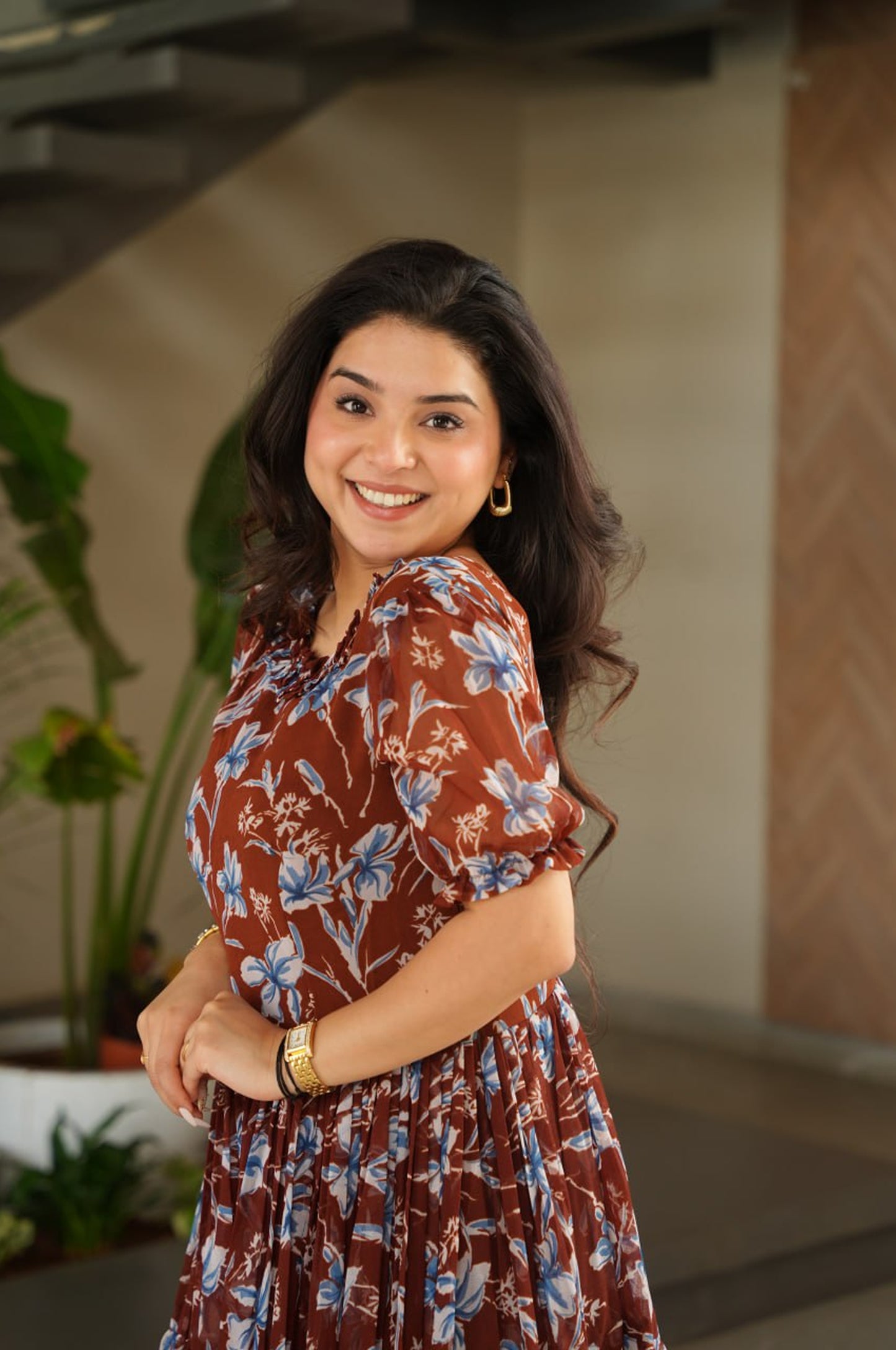 Premium Faux Georgette Printed Gown (Coffee Color)