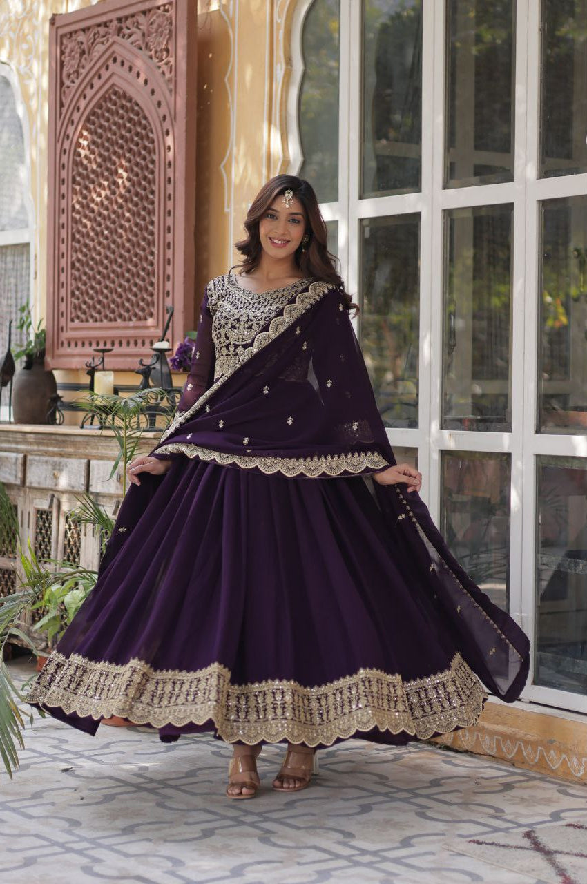 Red & Purple Embroidered Gown with Dupatta – Wear Designer Collection