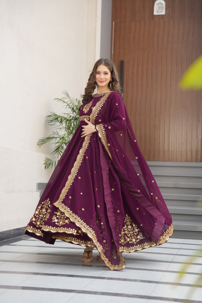 Green & Purple Premium Zari Embroidered Gown with Dupatta