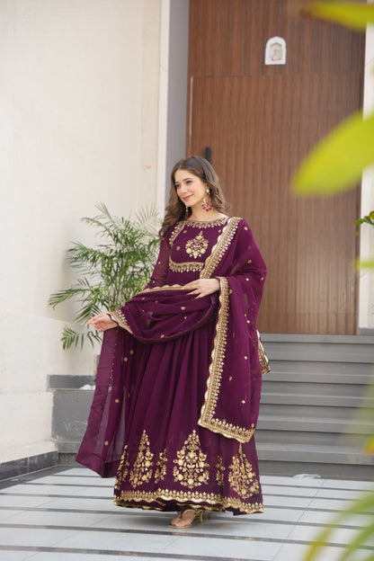 Green & Purple Premium Zari Embroidered Gown with Dupatta