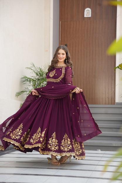 Green & Purple Premium Zari Embroidered Gown with Dupatta