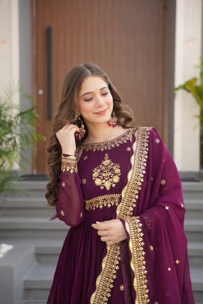 Green & Purple Premium Zari Embroidered Gown with Dupatta