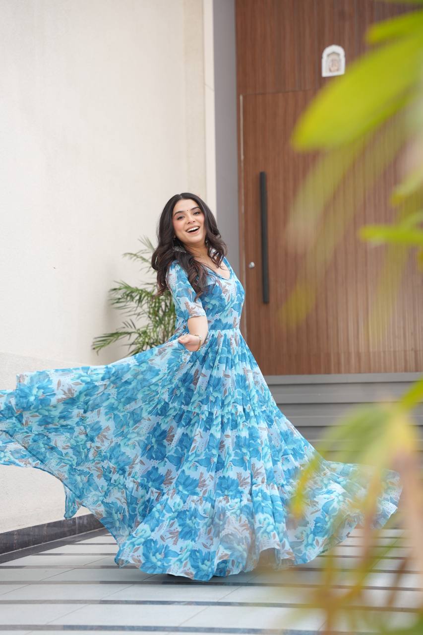 Premium Faux Georgette Printed Gown for Women (Peach, Purple, Sky)