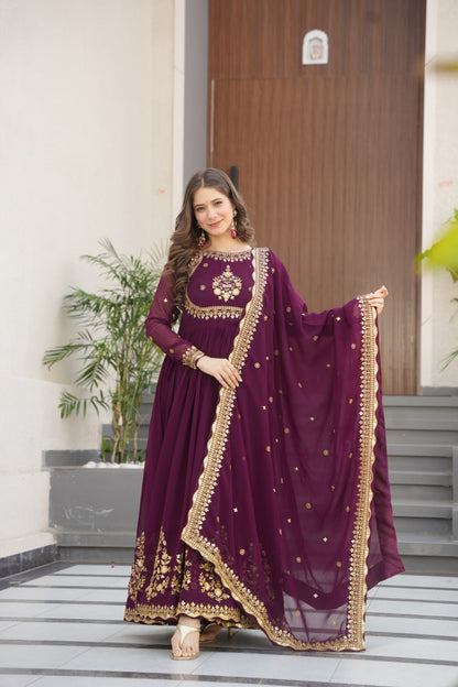 Green & Purple Premium Zari Embroidered Gown with Dupatta