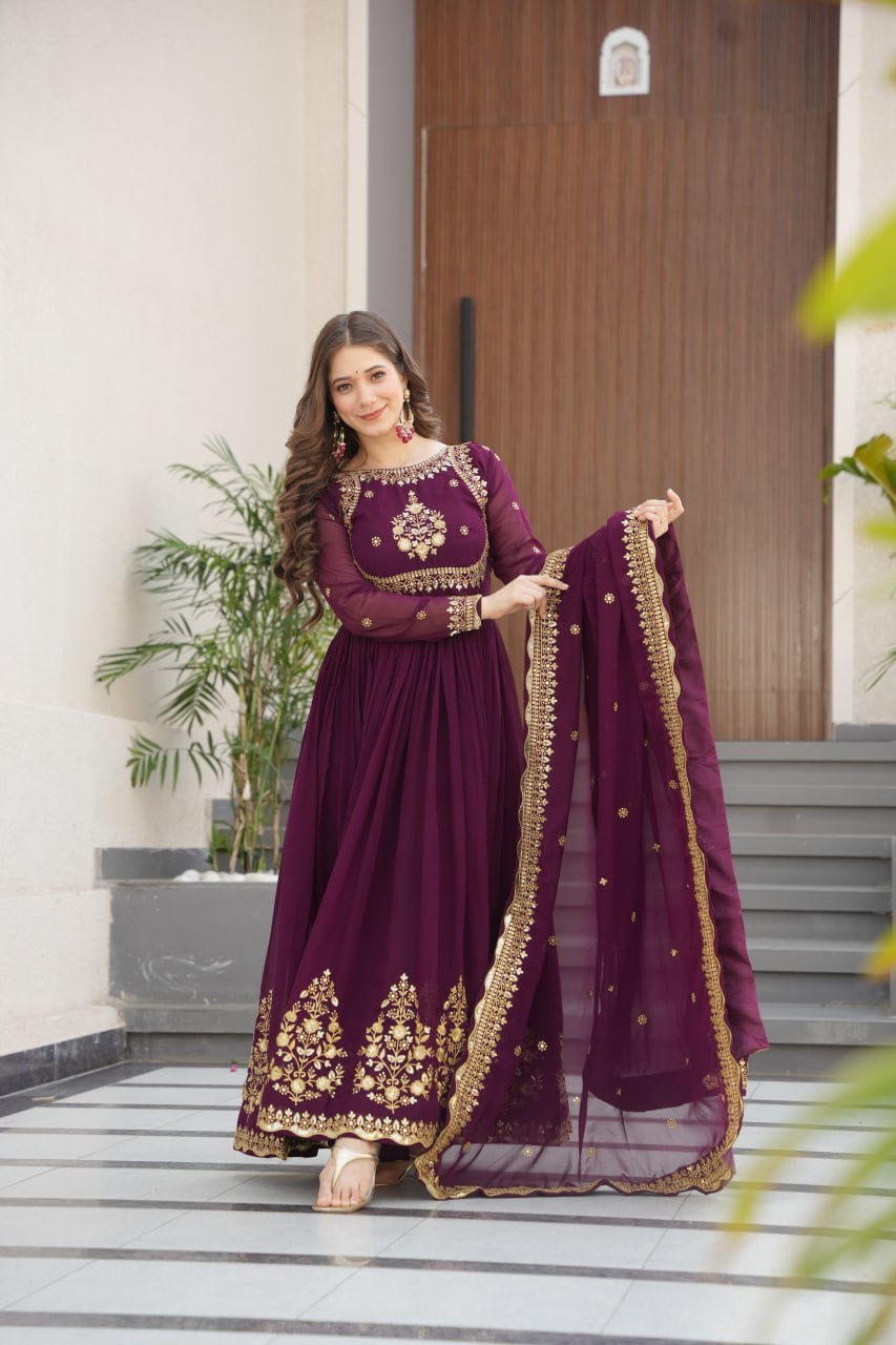 Green & Purple Premium Zari Embroidered Gown with Dupatta