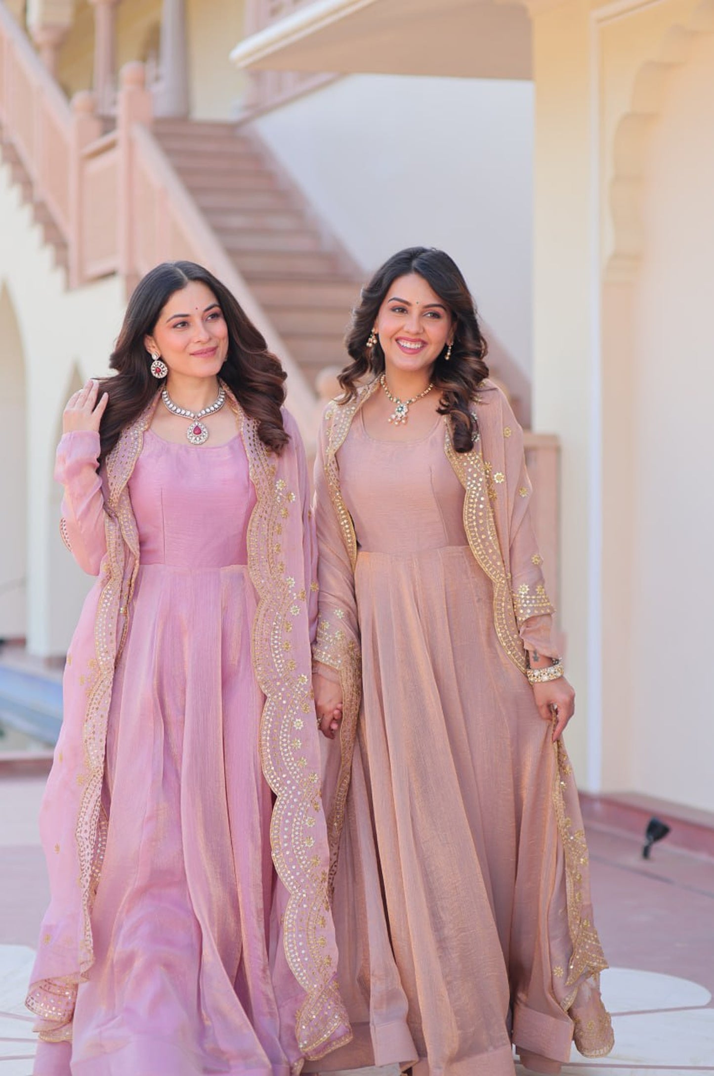 Baby Pink & Light Cream Fendy Gown with Embroidered Dupatta