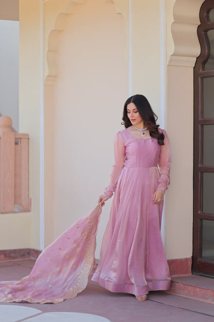 Baby Pink & Light Cream Fendy Gown with Embroidered Dupatta