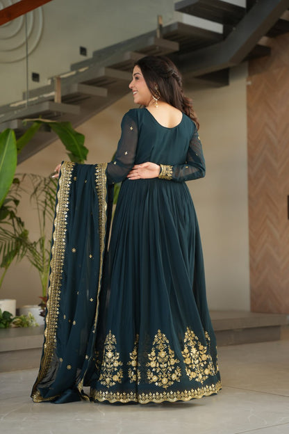 Green & Purple Premium Zari Embroidered Gown with Dupatta