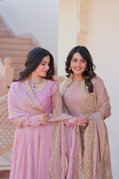 Baby Pink & Light Cream Fendy Gown with Embroidered Dupatta