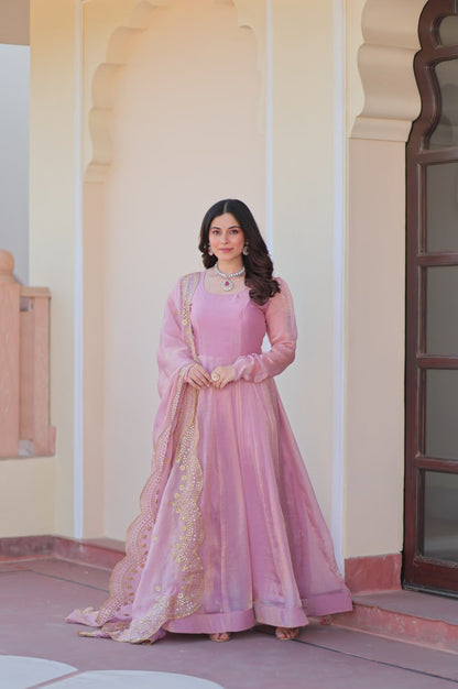 Baby Pink & Light Cream Fendy Gown with Embroidered Dupatta